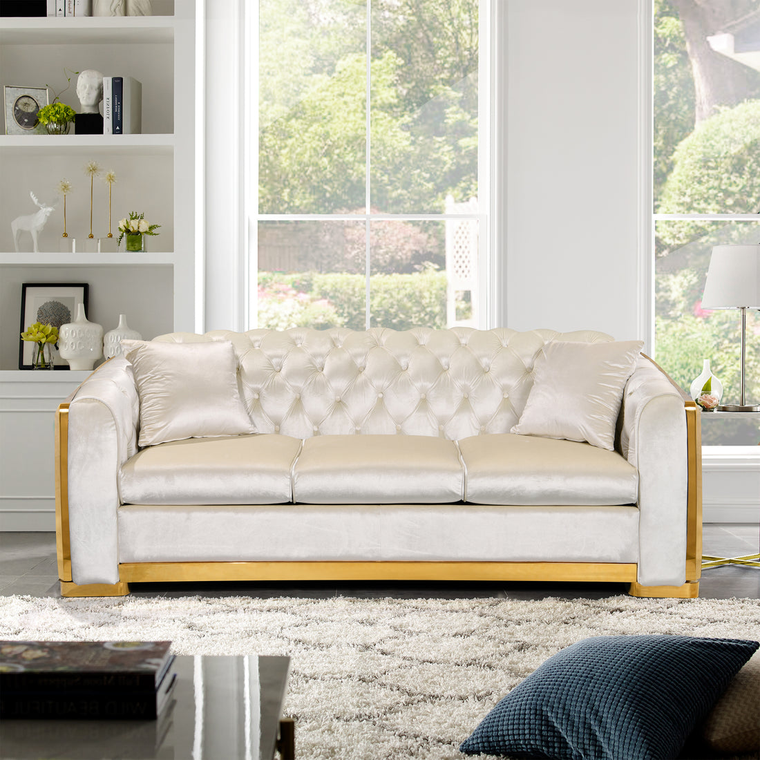 Velvet Luxury Chesterfield Sofa Set, 84 Inches Tufted 3 Seat Couch With Gold Stainless For Living Room, Beige Fabric Navy Velvet Wood Primary Living Space Medium Soft Tufted Back European Rolled