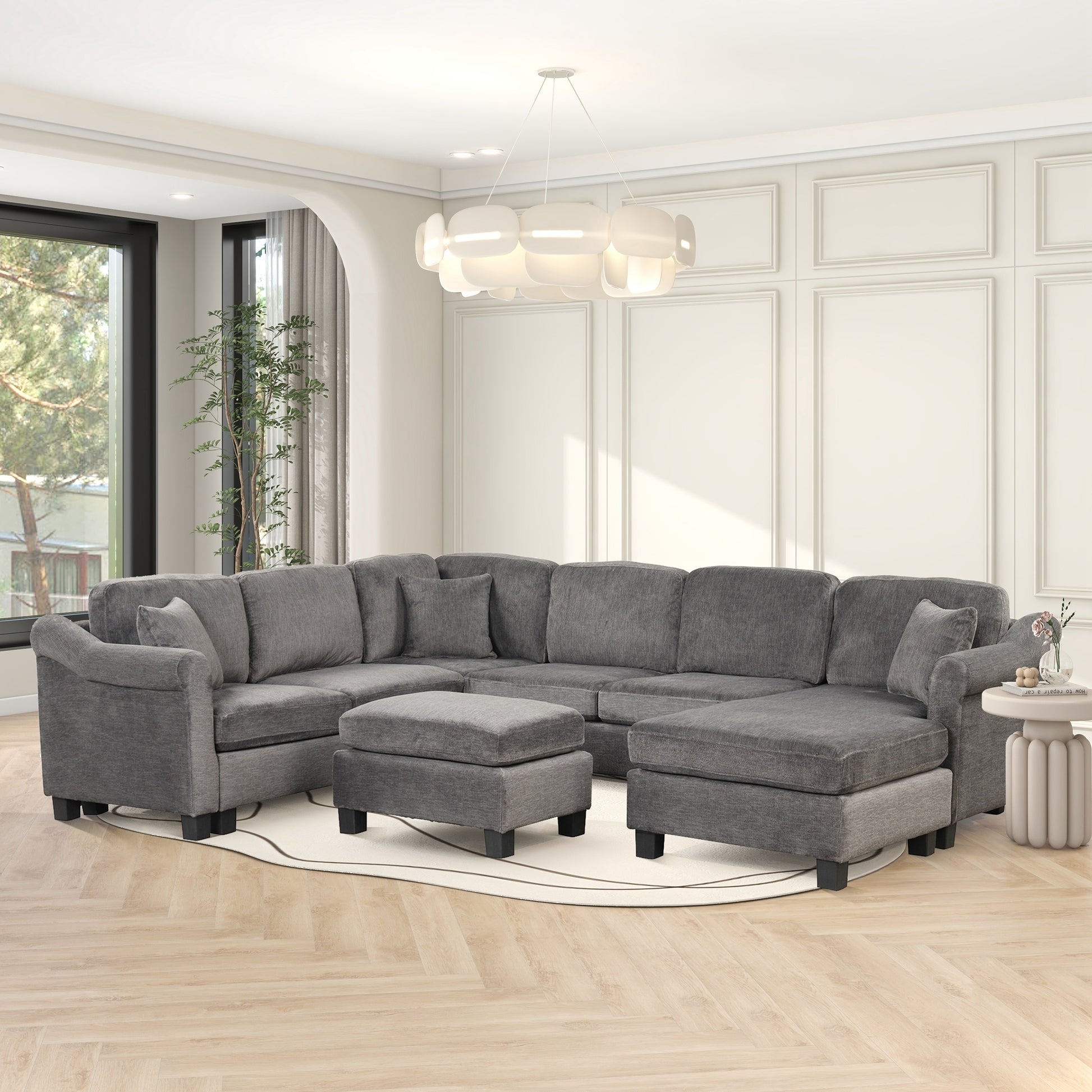 122.1" *91.3" 4Pcs Sectional Sofa With Ottoman With Right Side Chaise Velvet Fabric Dark Gray Dark Grey Foam Velvet