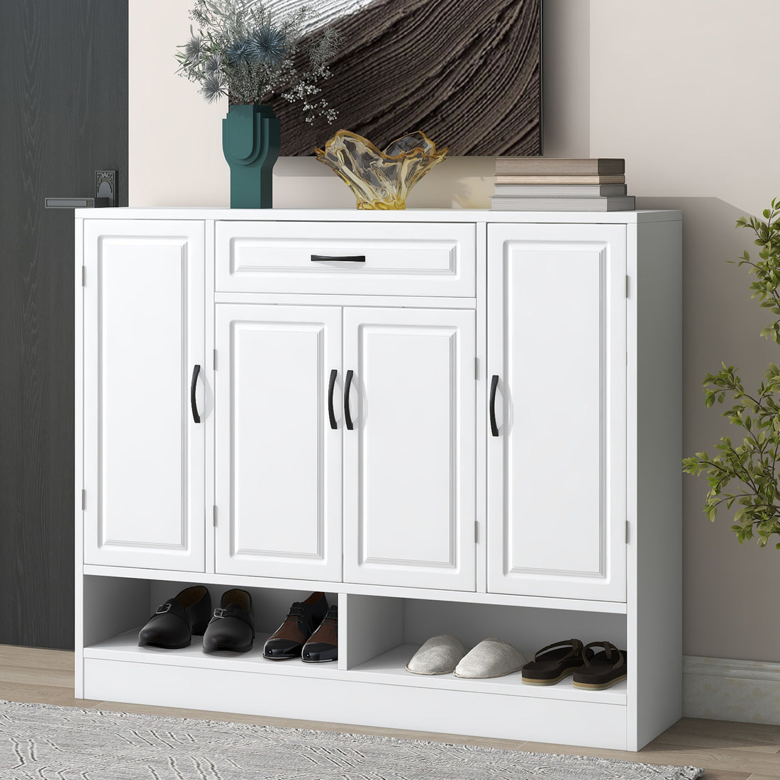 Sleek And Modern Shoe Cabinet With Adjustable Shelves, Minimalist Shoe Storage Organizer With Sturdy Top Surface, Space Saving Design Side Board For Various Sizes Of Items, White Square 3 4 Spaces White Primary Living Space Shelves Included Particle