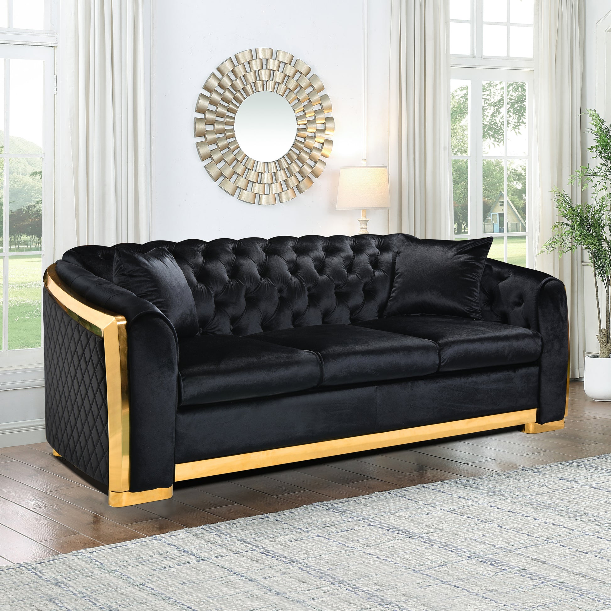 Velvet Luxury Chesterfield Sofa Set, 84 Inches Tufted 3 Seat Couch With Gold Stainless For Living Room, Black Fabric Black Velvet Wood Primary Living Space Medium Soft Tufted Back European Rolled Arms Foam Wood Stainless Steel 3 Seat