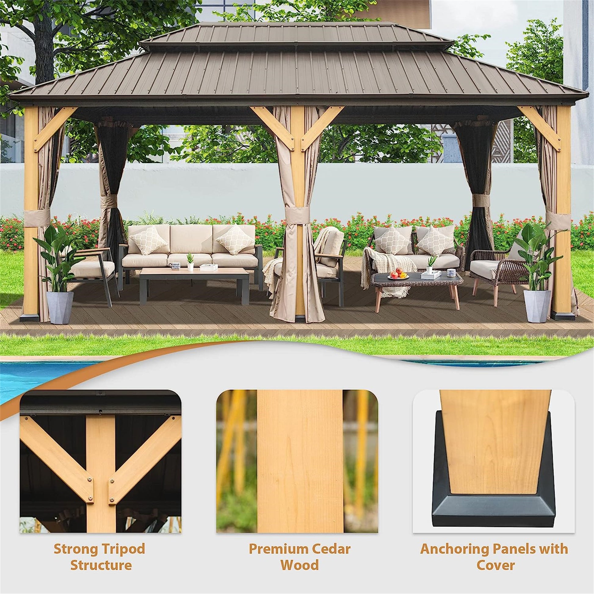 12'X20' Hardtop Gazebo, Outdoor Cedar Wood Frame Canopy With Galvanized Steel Double Roof, Outdoor Permanent Metal Pavilion With Curtains And Netting For Patio, Backyard And Lawn Brown Brown Metal & Wood