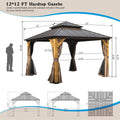 12'X12' Hardtop Gazebo, Outdoor Cedar Wood Frame Canopy With Galvanized Steel Double Roof, Outdoor Permanent Metal Pavilion With Curtains And Netting For Patio, Backyard And Lawn Brown Brown Metal & Wood