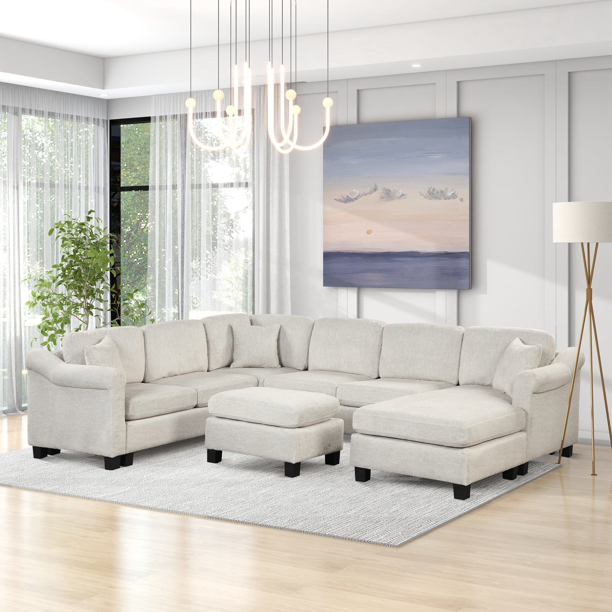 122.1" *91.3" 4Pcs Sectional Sofa With Ottoman With Right Side Chaise Velvet Fabric White White Foam Velvet