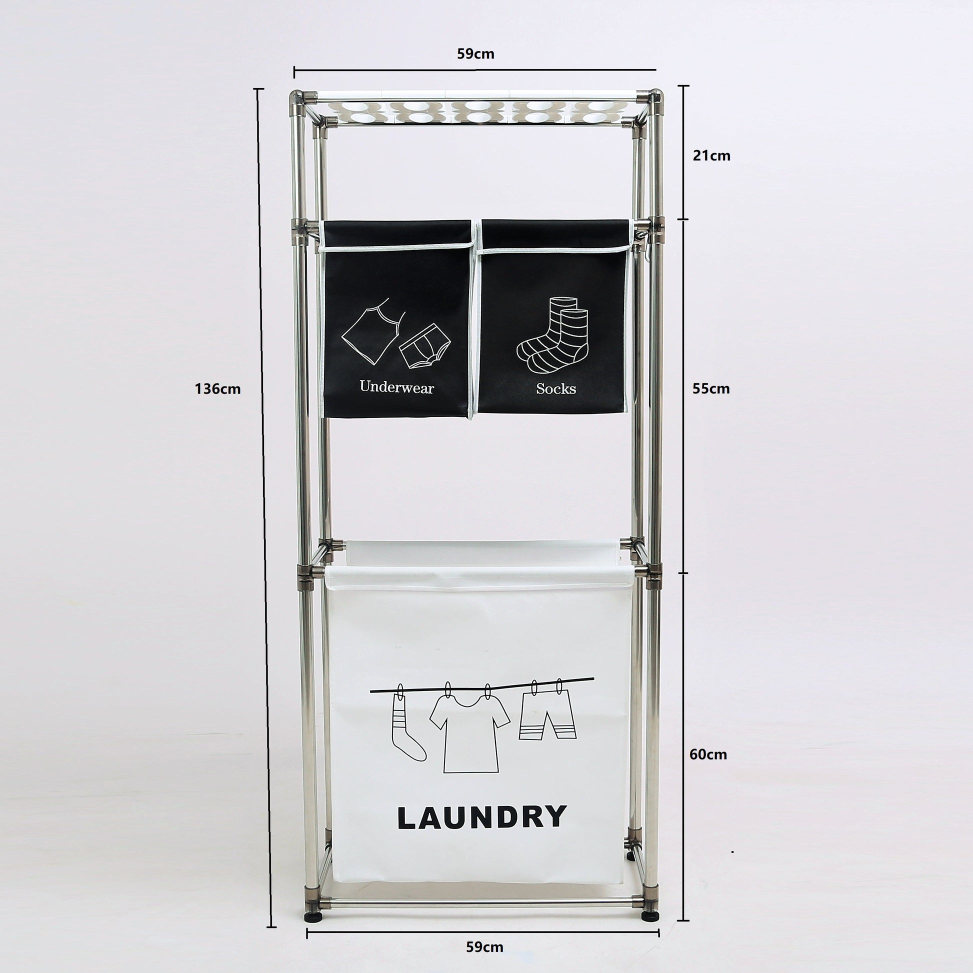 Laundry Hamper 3 Tier Laundry Sorter With 4 Removable Bags For Organizing Clothes, Laundry, Lights, Darks ,Three Hooks Black White Fabric