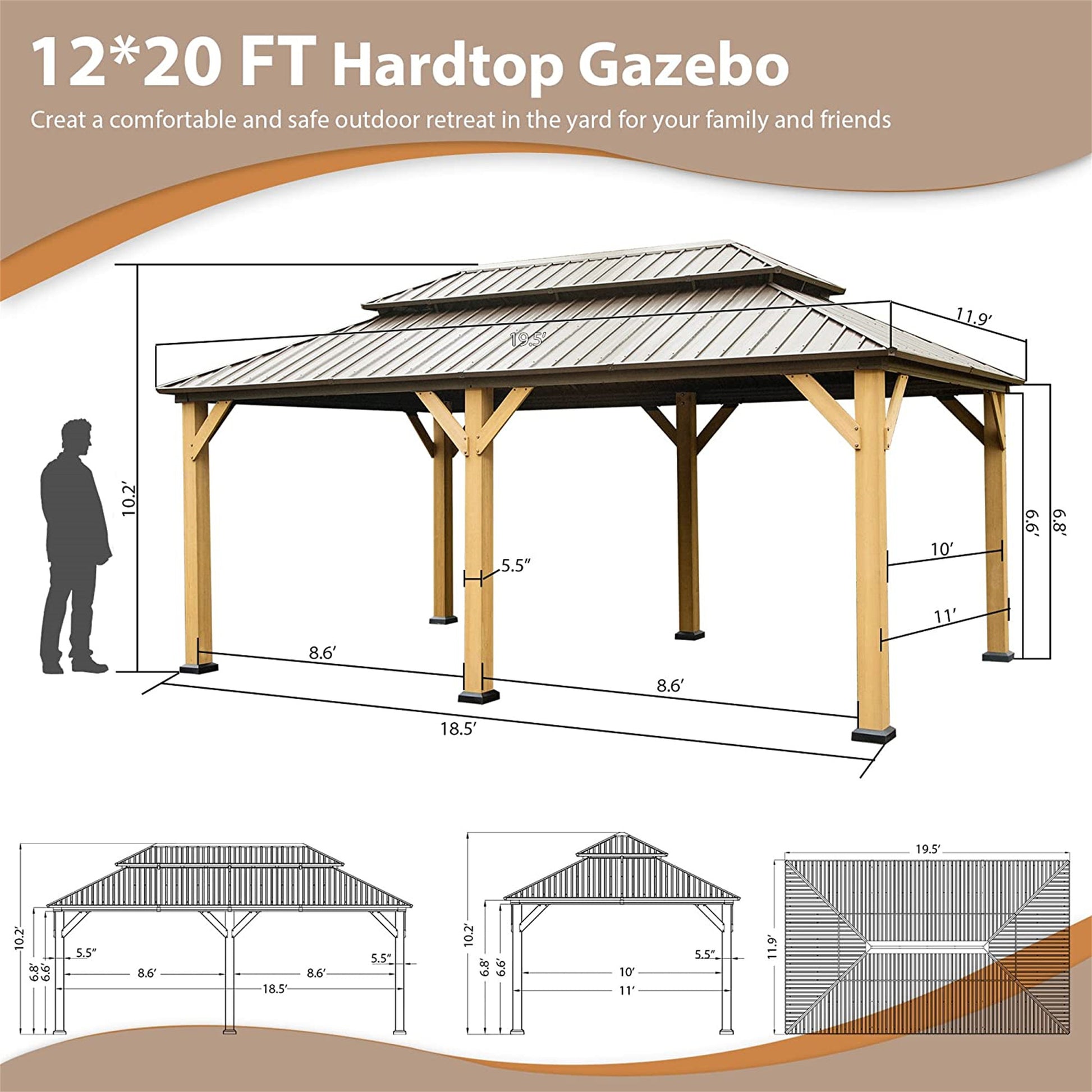 12'X20' Hardtop Gazebo, Outdoor Cedar Wood Frame Canopy With Galvanized Steel Double Roof, Outdoor Permanent Metal Pavilion With Curtains And Netting For Patio, Backyard And Lawn Brown Brown Metal & Wood