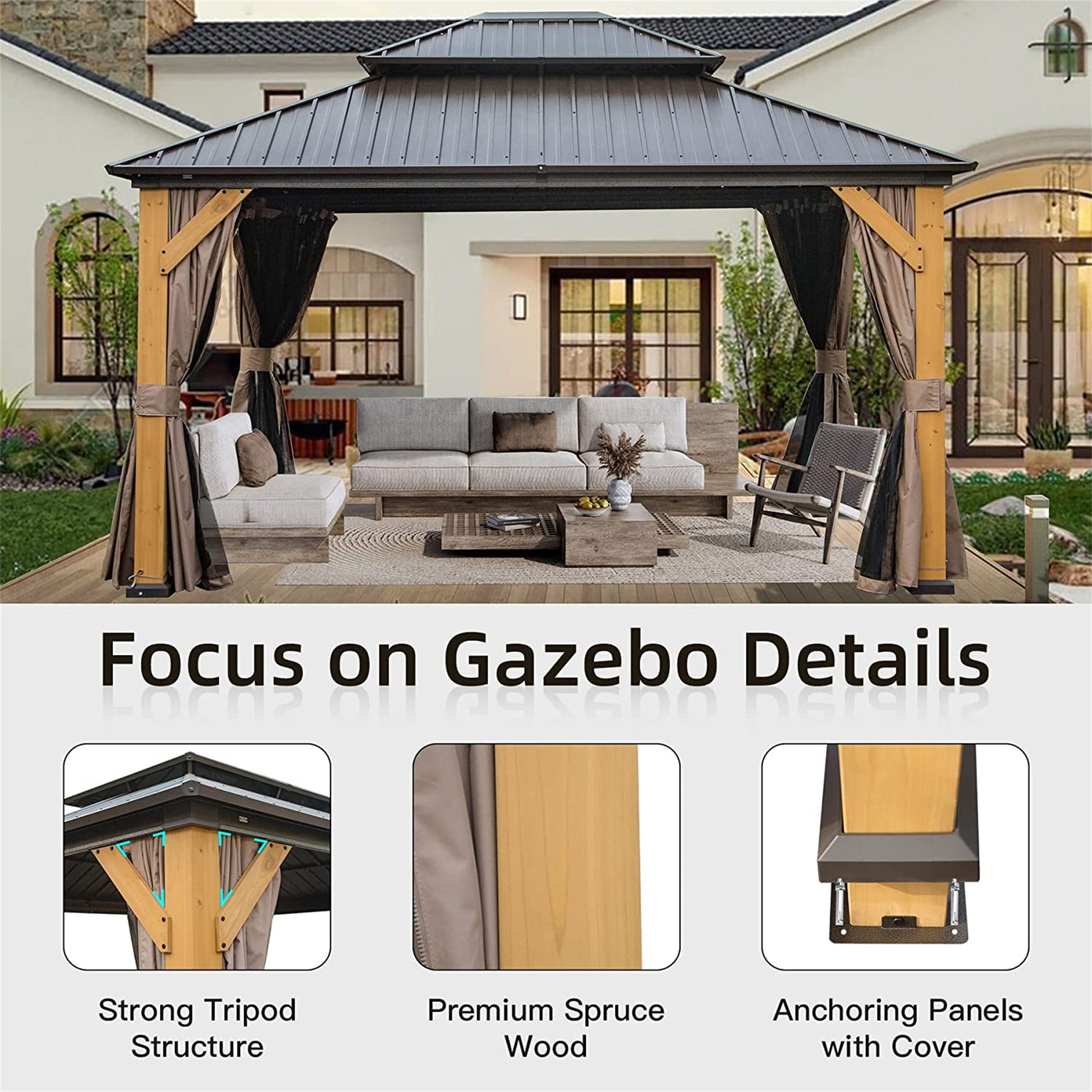 12'X14' Hardtop Gazebo, Outdoor Cedar Wood Frame Canopy With Galvanized Steel Double Roof, Outdoor Permanent Metal Pavilion With Curtains And Netting For Patio, Backyard And Lawn Brown Brown Metal & Wood