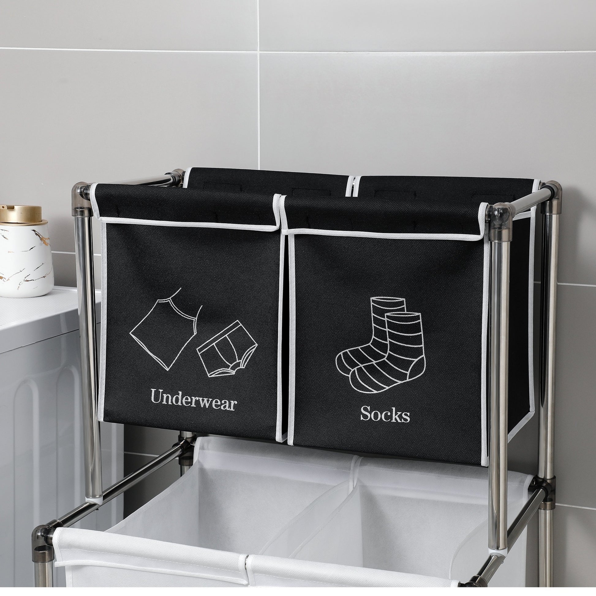 Laundry Hamper 2 Tier Laundry Sorter With 4 Removable Bags For Organizing Clothes, Laundry, Lights, Darks Black White Fabric