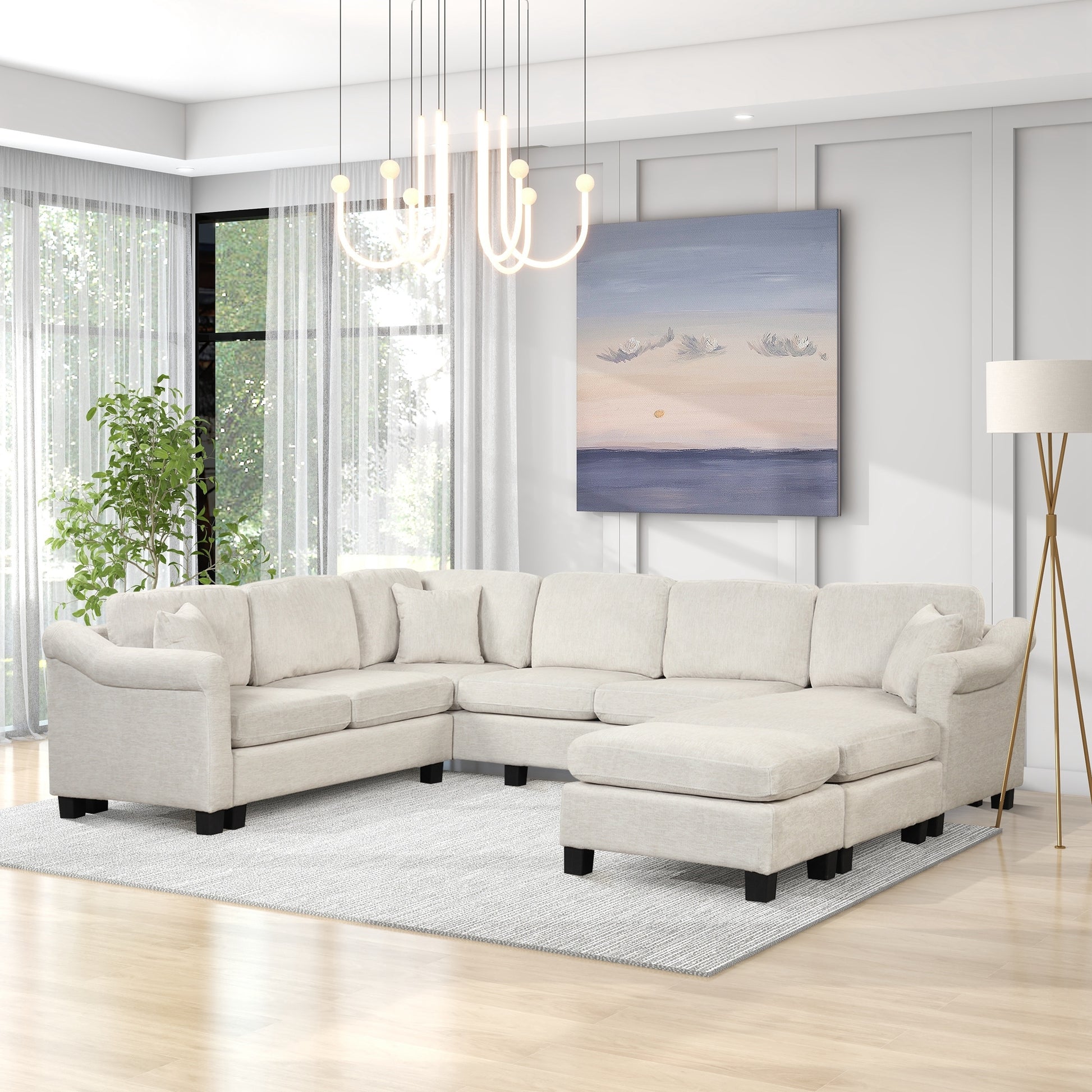 122.1" *91.3" 4Pcs Sectional Sofa With Ottoman With Right Side Chaise Velvet Fabric White White Foam Velvet