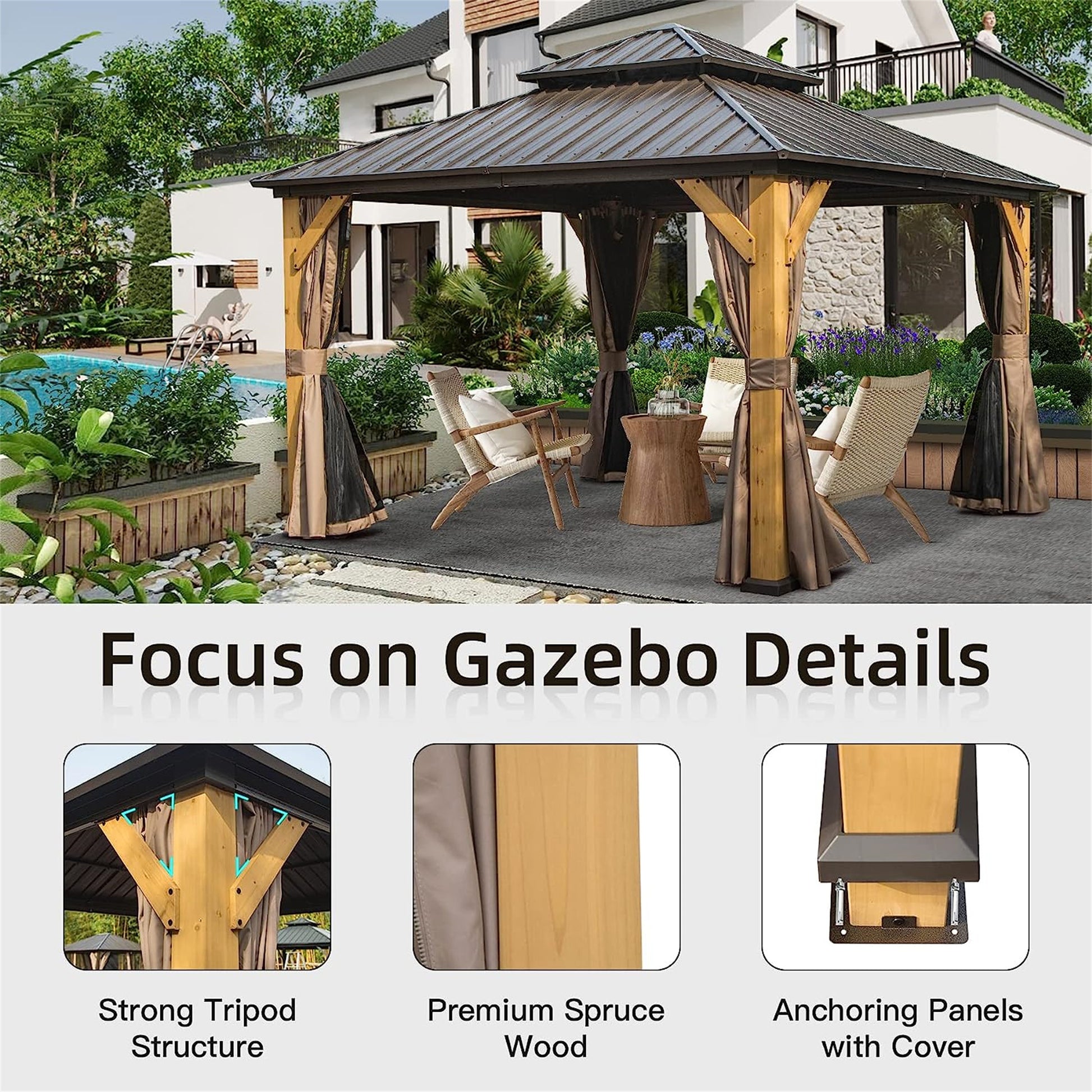 12'X12' Hardtop Gazebo, Outdoor Cedar Wood Frame Canopy With Galvanized Steel Double Roof, Outdoor Permanent Metal Pavilion With Curtains And Netting For Patio, Backyard And Lawn Brown Brown Metal & Wood