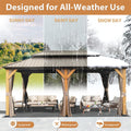 12'X20' Hardtop Gazebo, Outdoor Cedar Wood Frame Canopy With Galvanized Steel Double Roof, Outdoor Permanent Metal Pavilion With Curtains And Netting For Patio, Backyard And Lawn Brown Brown Metal & Wood