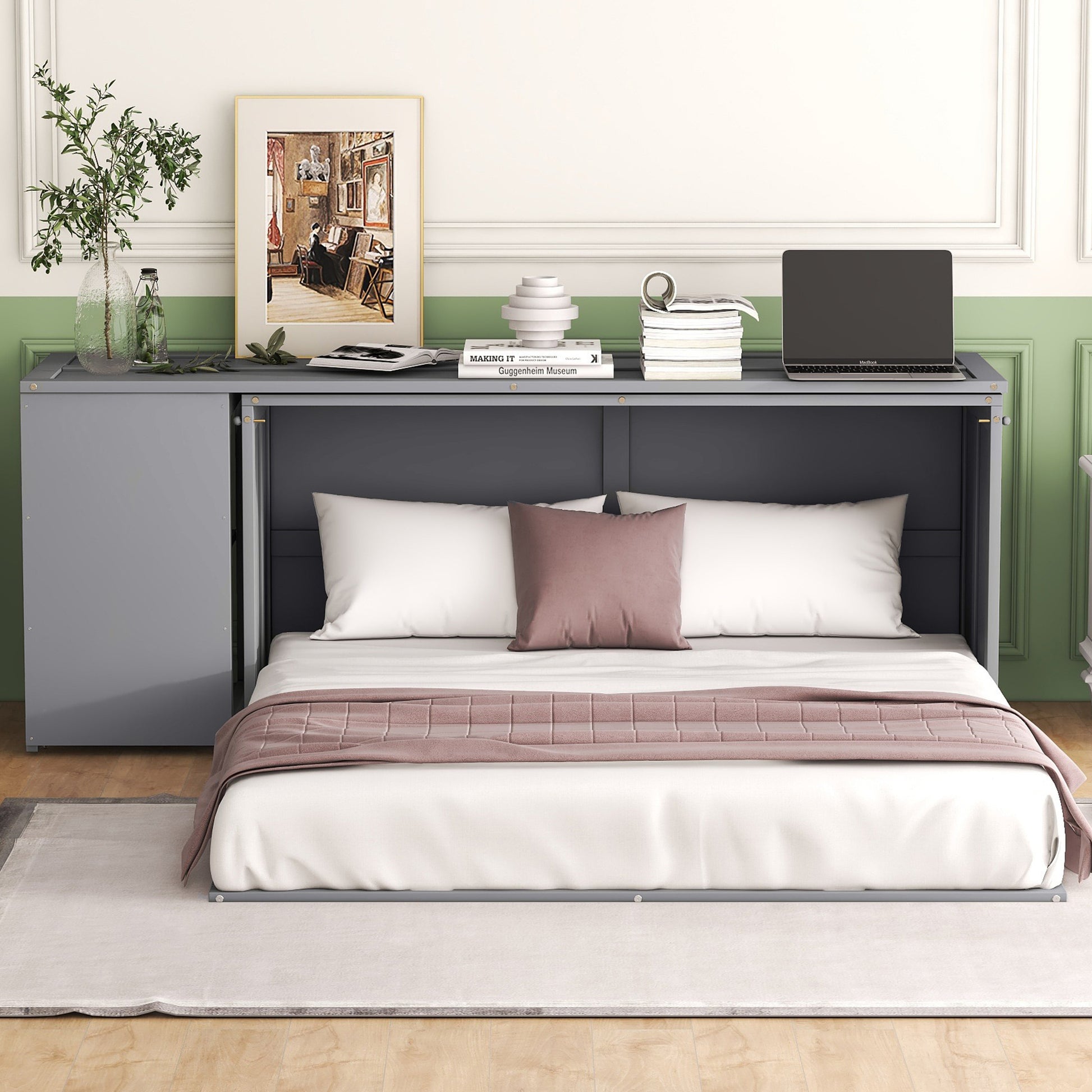 Queen Size Murphy Bed With Rotable Desk, Gray Box Spring Not Required Queen Gray Wood Bedroom Pine Bed Frame Solid Wood Mdf