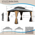 12'X14' Hardtop Gazebo, Outdoor Cedar Wood Frame Canopy With Galvanized Steel Double Roof, Outdoor Permanent Metal Pavilion With Curtains And Netting For Patio, Backyard And Lawn Brown Brown Metal & Wood