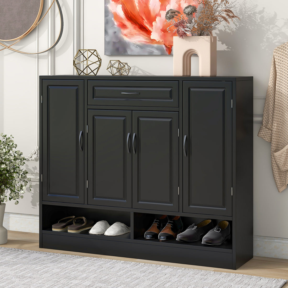 Sleek And Modern Shoe Cabinet With Adjustable Shelves, Minimalist Shoe Storage Organizer With Sturdy Top Surface, Space Saving Design Side Board For Various Sizes Of Items, Black Square 3 4 Spaces Black Primary Living Space Shelves Included Particle