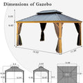 12'X14' Hardtop Gazebo, Wooden Coated Aluminum Frame Canopy With Galvanized Steel Double Roof, Outdoor Permanent Metal Pavilion With Curtains And Netting For Patio, Deck And Lawn Wood Looking Yellow