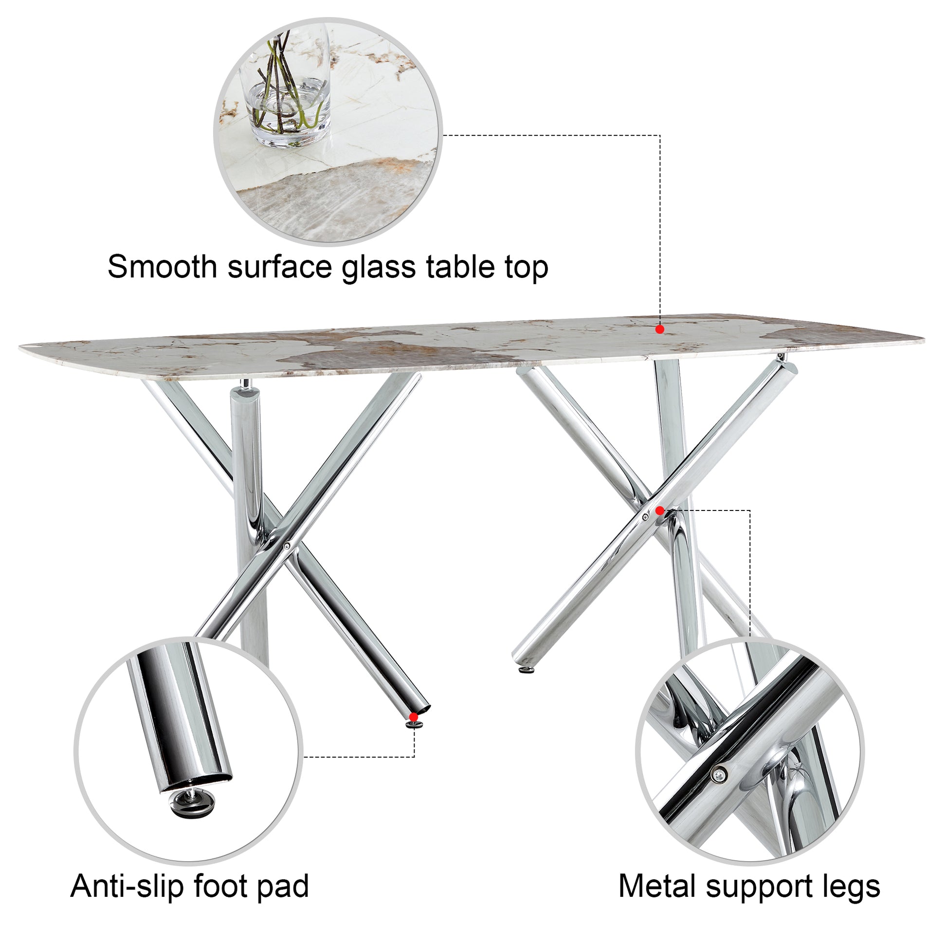 Large Modern Minimalist Rectangular Dining Table Suitable For 6 8 People, Equipped With A 0.39 "Imitation Marble Tabletop And Metal Legs,For Kitchen Dining Living Meeting Room Banquet Hall,71"X 40"X30 White Glass