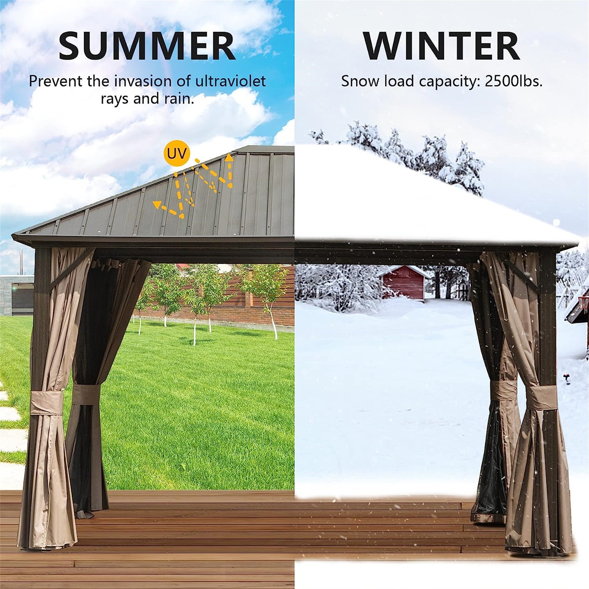 10'X12' Permanent Outdoor Galvanized Steel Roof Gazebo With Aluminum Frame, Pavilion Metal Gazebos With Netting & Curtains For Garden, Patios, Lawns, Parties Dark Brown Dark Brown Aluminium