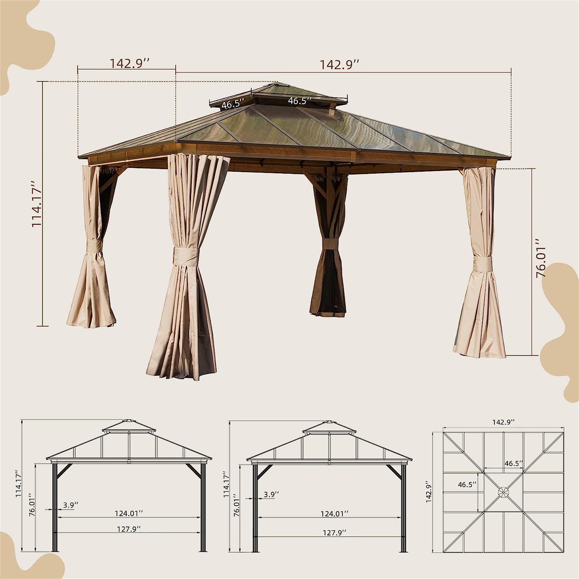 12'X12' Hardtop Gazebo, Permanent Outdoor Gazebo With Polycarbonate Double Roof, Aluminum Gazebo Pavilion With Curtain And Net For Garden, Patio, Lawns, Deck, Backyard Wood Looking Yellow Brown Aluminium