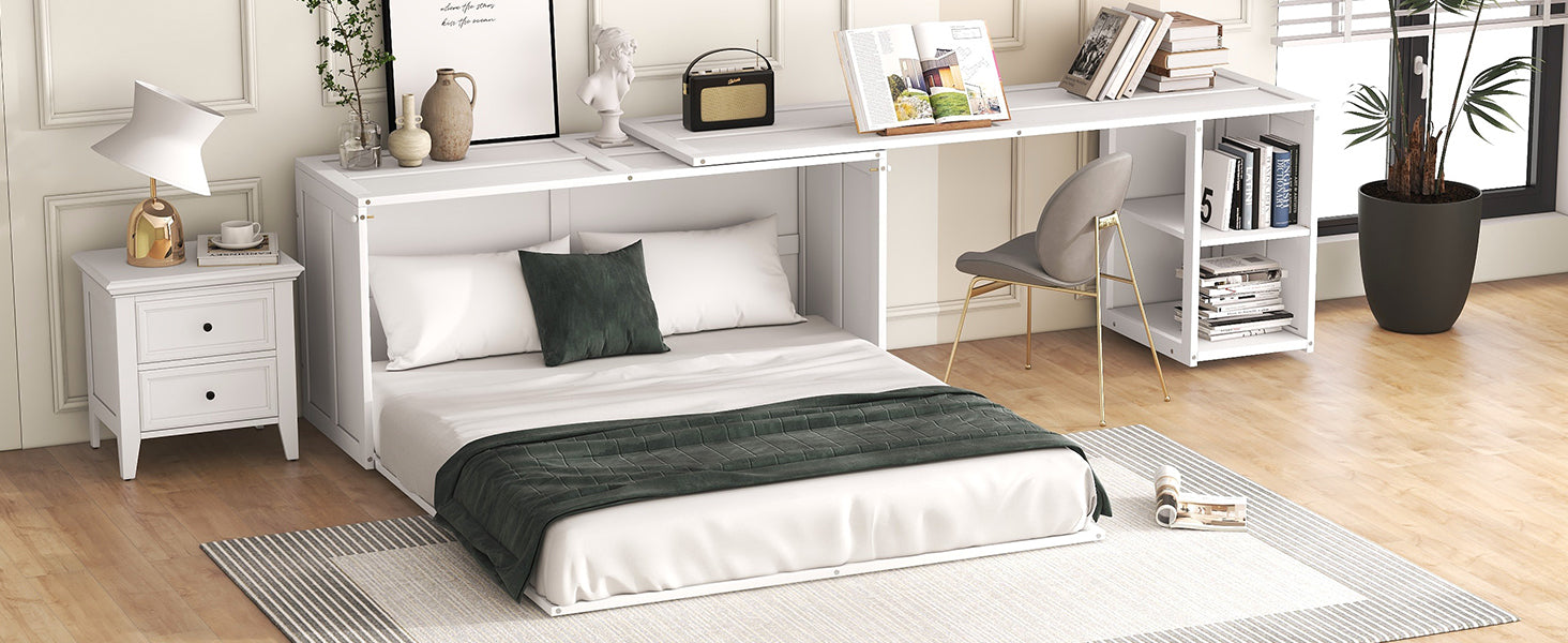 Queen Size Murphy Bed With Rotable Desk, White Box Spring Not Required Queen White Wood Bedroom Pine Bed Frame Solid Wood Mdf