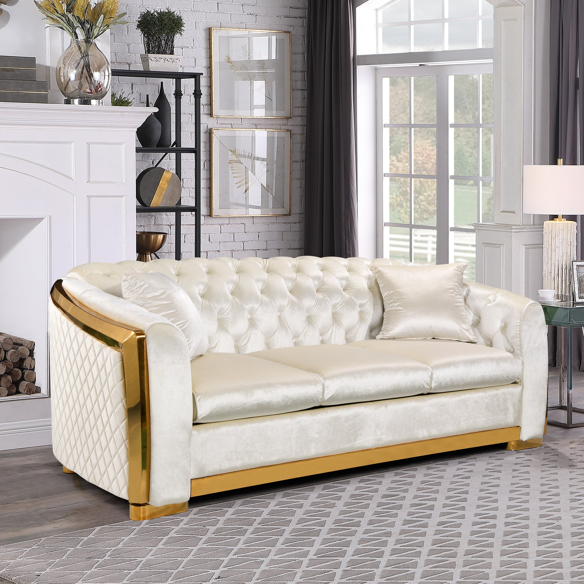 Velvet Luxury Chesterfield Sofa Set, 84 Inches Tufted 3 Seat Couch With Gold Stainless For Living Room, Beige Fabric Navy Velvet Wood Primary Living Space Medium Soft Tufted Back European Rolled