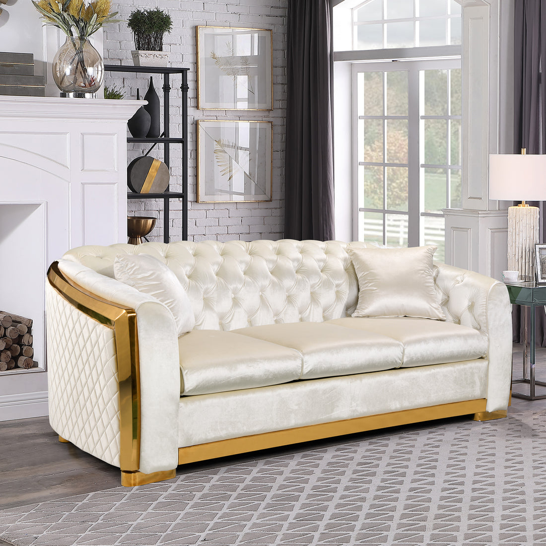 Velvet Luxury Chesterfield Sofa Set, 84 Inches Tufted 3 Seat Couch With Gold Stainless For Living Room, Beige Fabric Navy Velvet Wood Primary Living Space Medium Soft Tufted Back European Rolled