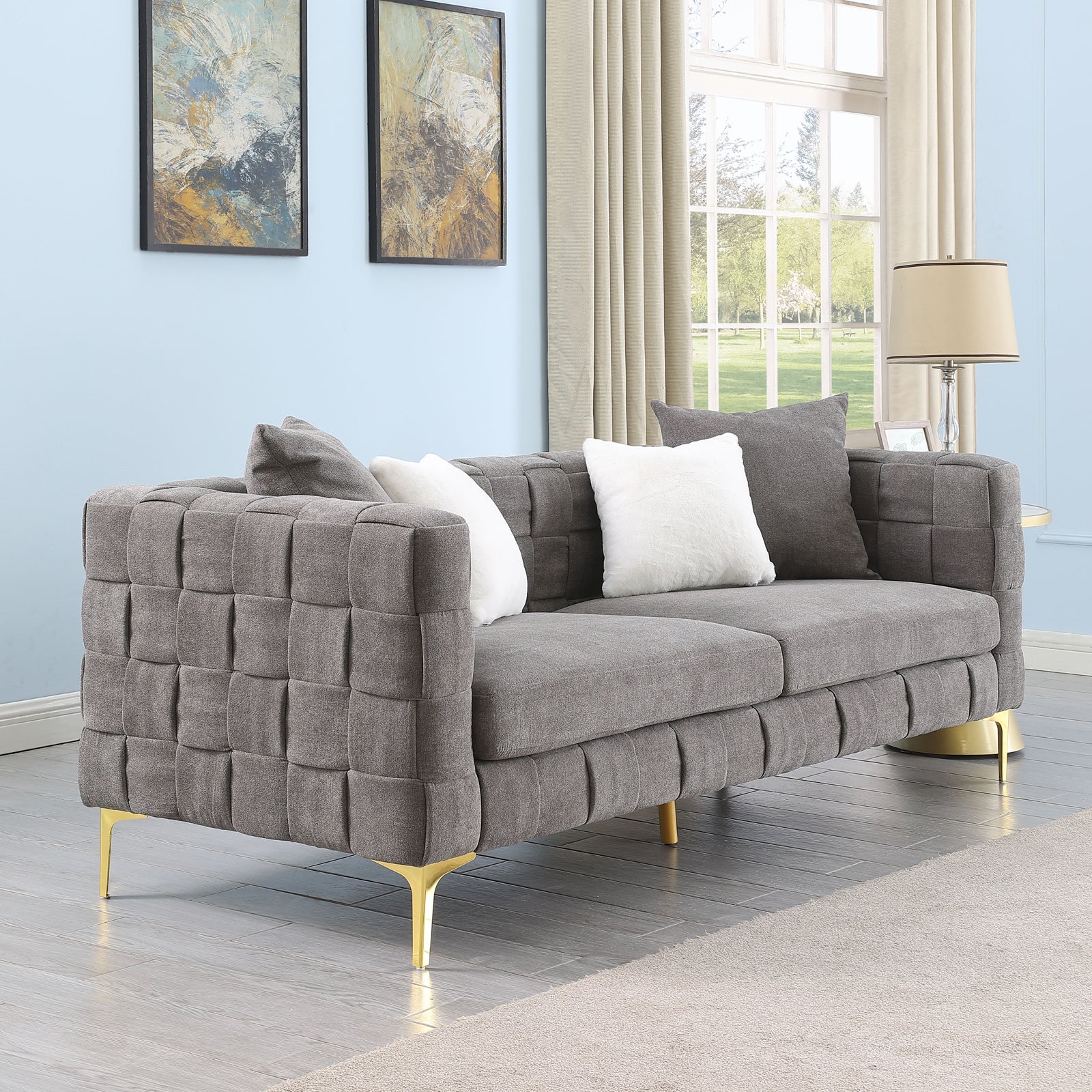 Deepth 35", Length 85" Weave Sofa ,Contemporary Concept Sofa.Handcrafted Weave Sofa. 3 Seater Grey Eucalyptus Snowflake Velvet Fabric