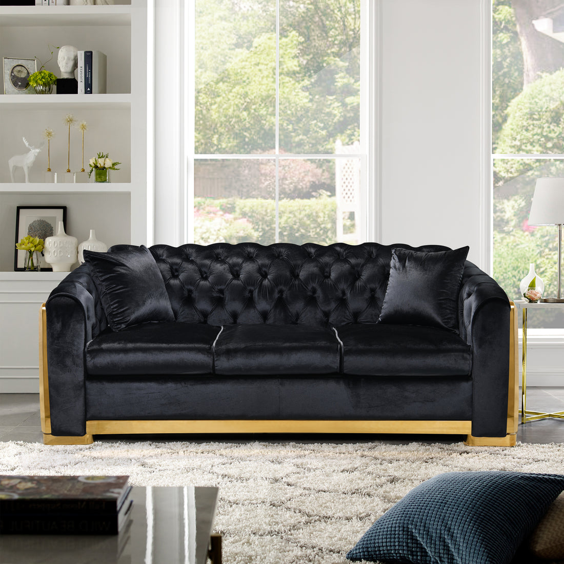 Velvet Luxury Chesterfield Sofa Set, 84 Inches Tufted 3 Seat Couch With Gold Stainless For Living Room, Black Fabric Black Velvet Wood Primary Living Space Medium Soft Tufted Back European Rolled Arms Foam Wood Stainless Steel 3 Seat