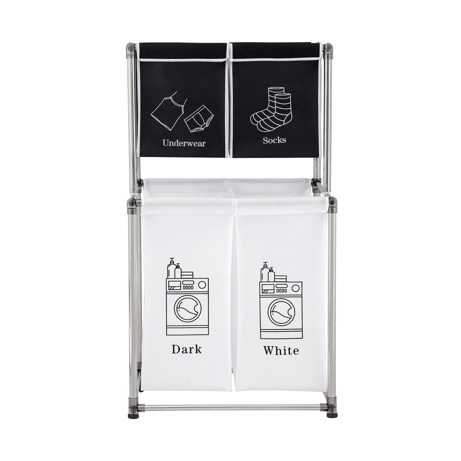 Laundry Hamper 2 Tier Laundry Sorter With 4 Removable Bags For Organizing Clothes, Laundry, Lights, Darks Black White Fabric