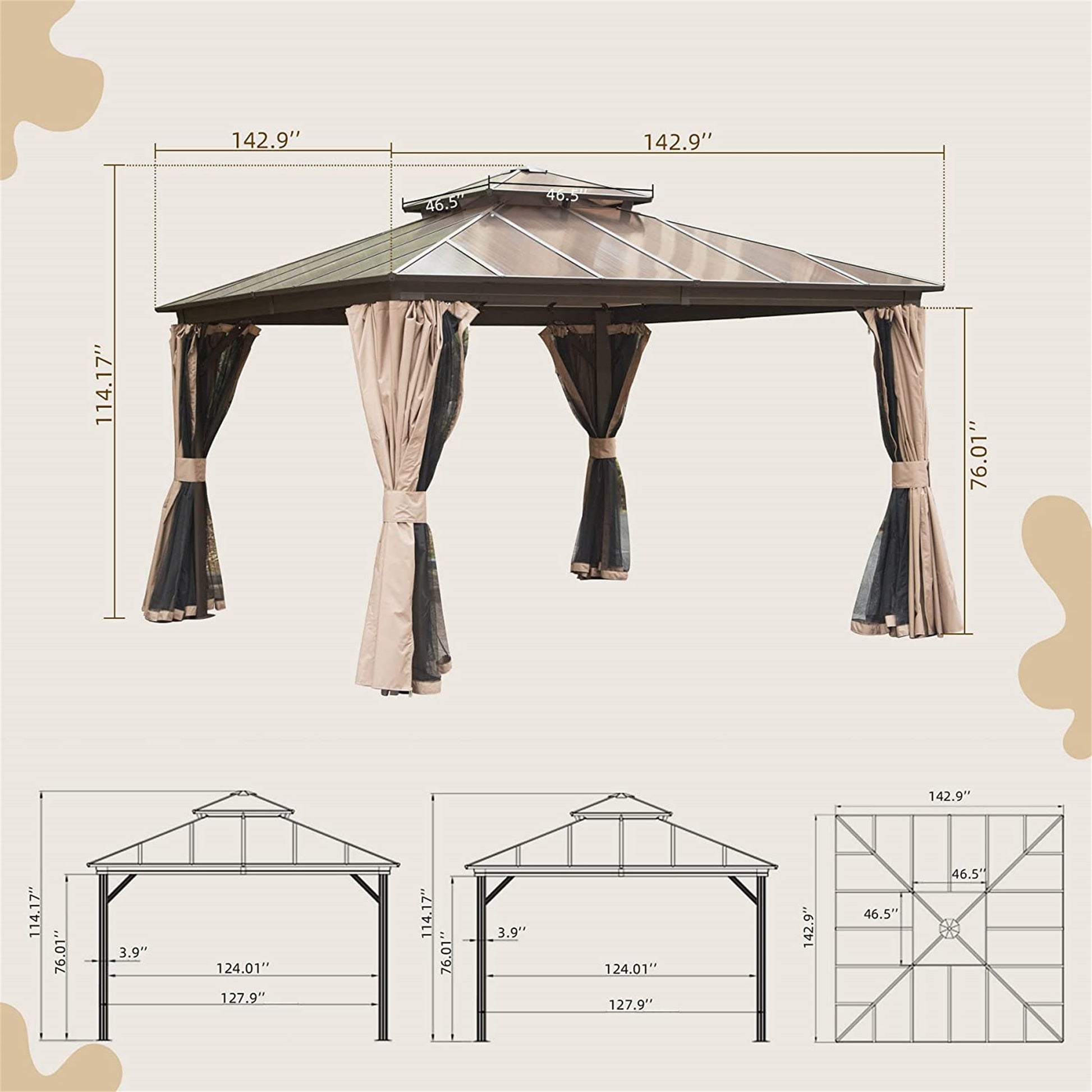 12'X12' Hardtop Gazebo, Permanent Outdoor Gazebo With Polycarbonate Double Roof, Aluminum Gazebo Pavilion With Curtain And Net For Garden, Patio, Lawns, Deck, Backyard Brown Brown Aluminium