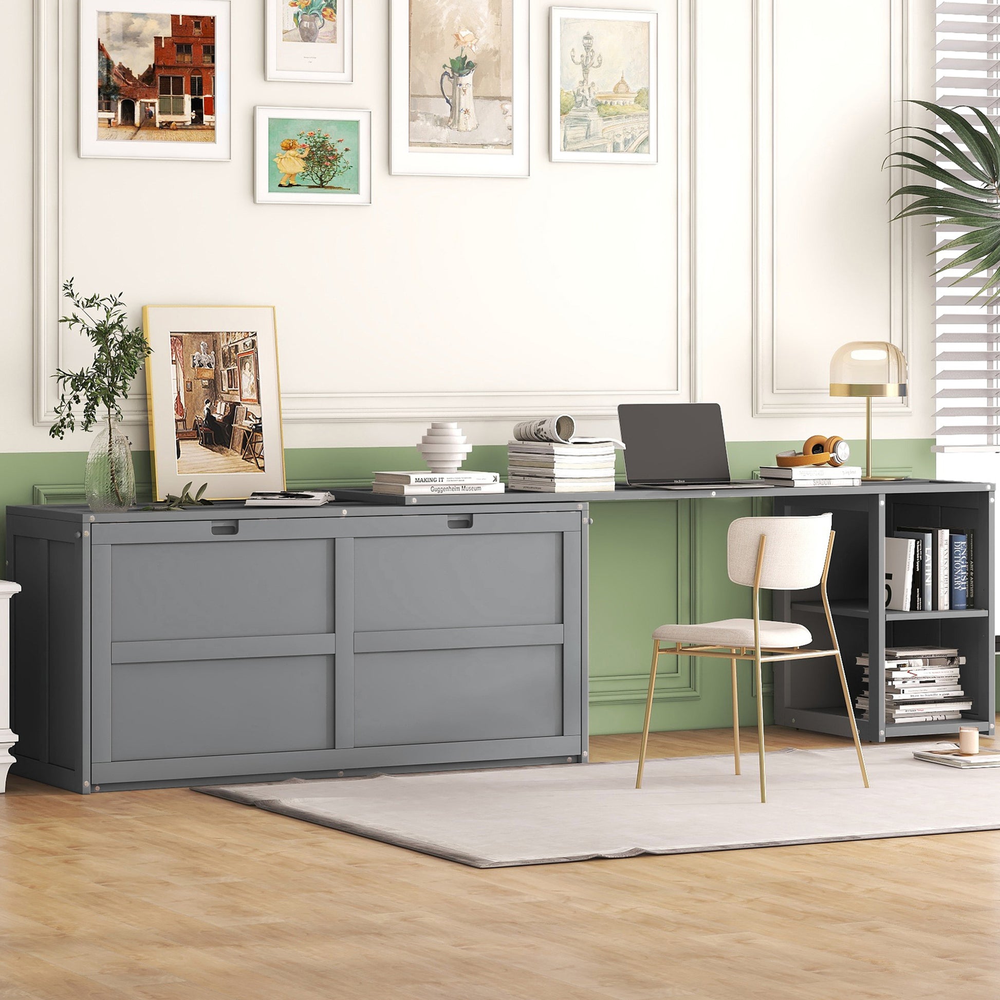 Queen Size Murphy Bed With Rotable Desk, Gray Box Spring Not Required Queen Gray Wood Bedroom Pine Bed Frame Solid Wood Mdf