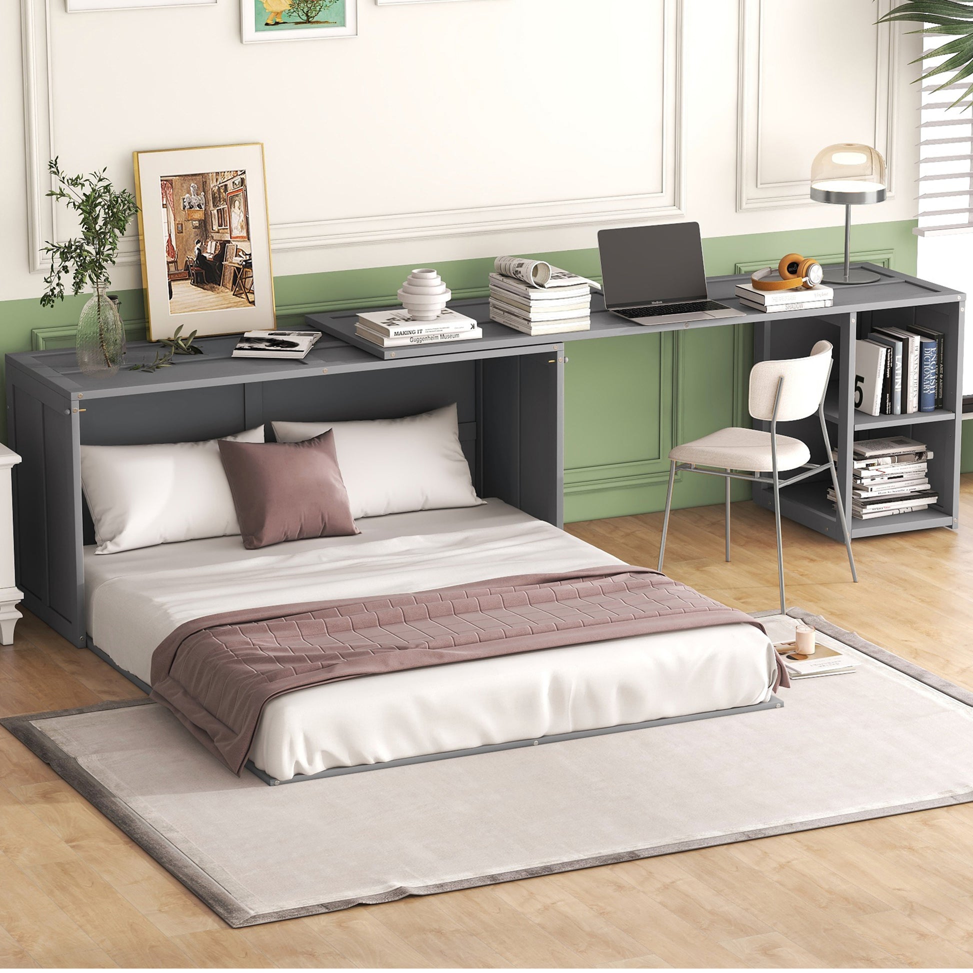Queen Size Murphy Bed With Rotable Desk, Gray Box Spring Not Required Queen Gray Wood Bedroom Pine Bed Frame Solid Wood Mdf