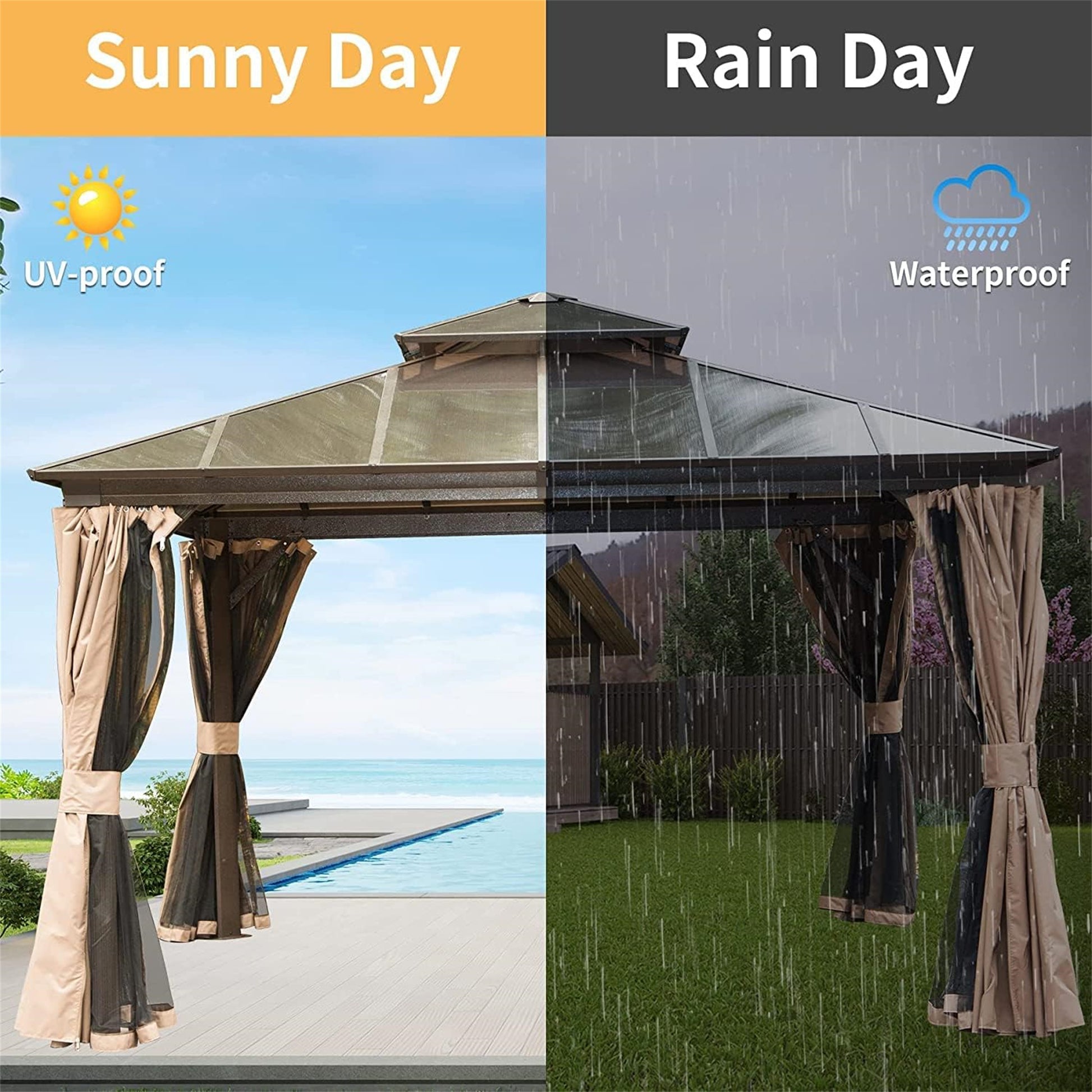 12'X12' Hardtop Gazebo, Permanent Outdoor Gazebo With Polycarbonate Double Roof, Aluminum Gazebo Pavilion With Curtain And Net For Garden, Patio, Lawns, Deck, Backyard Brown Brown Aluminium