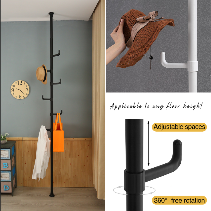 Adjustable Laundry Pole Clothes Drying Rack Coat Hanger Diy Floor To Ceiling Tension Rod Storage Organizer For Indoor, Balcony Black Black Metal