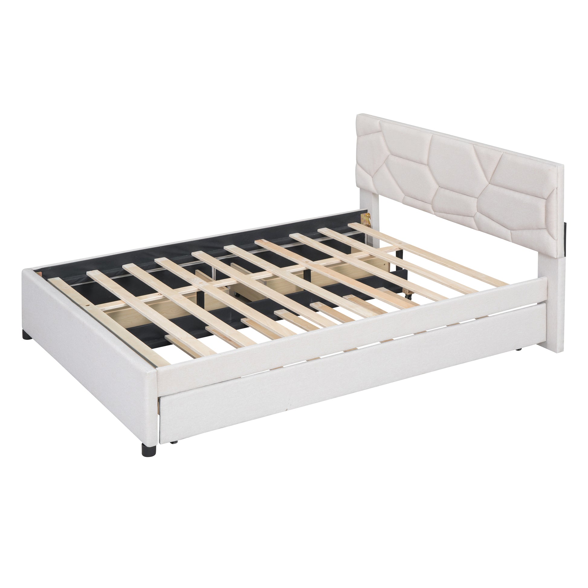 Queen Size Upholstered Platform Bed With Brick Pattern Headboard, With Twin Xl Size Trundle And 2 Drawers, Linen Fabric, Beige Beige Linen