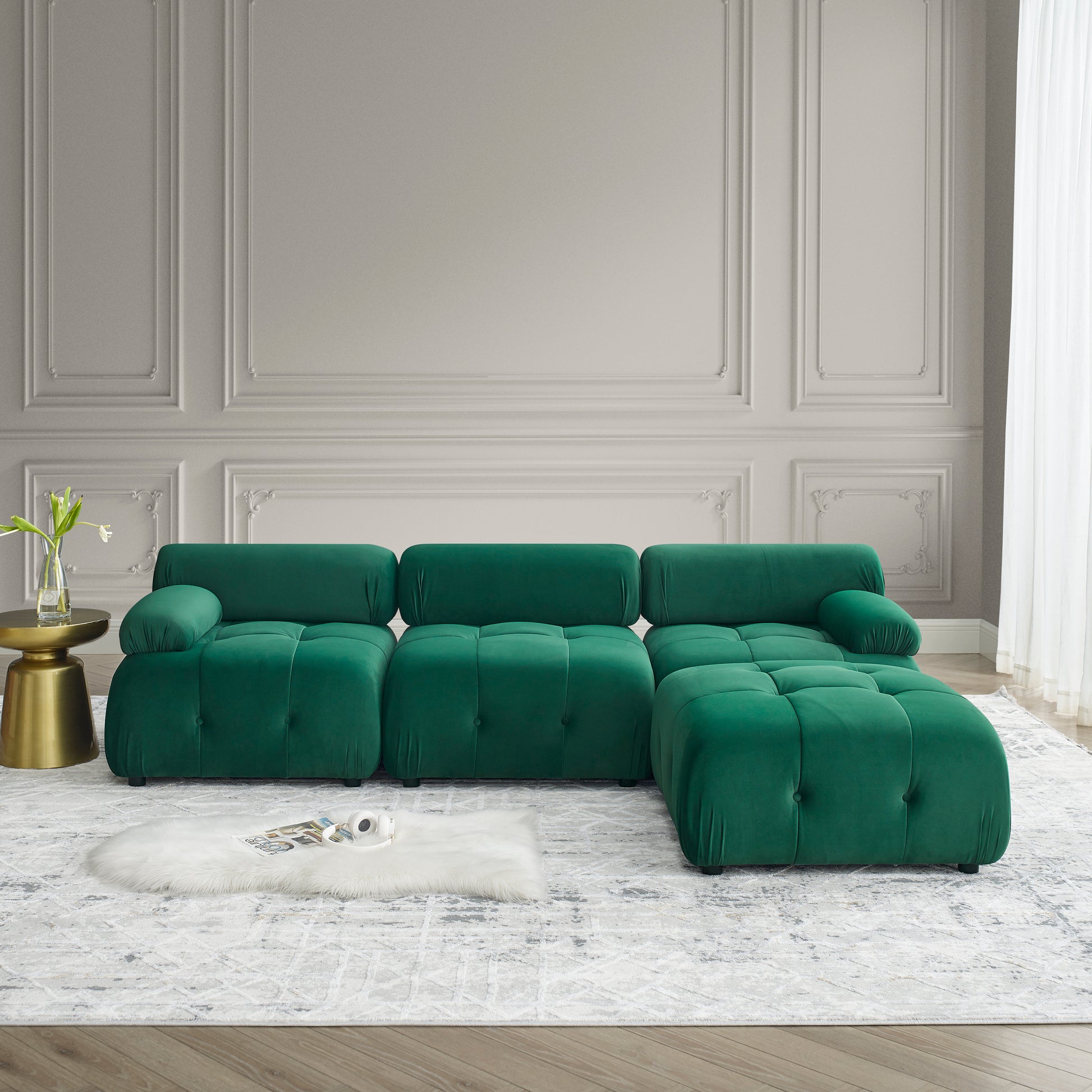 Modular Sectional Sofa, Button Tufted Designed And Diy Combination,L Shaped Couch With Reversible Ottoman, Green Velvet Dark Green Velvet Wood Soft Tight Back Eucalyptus Pillow Top Arms Foam Spring