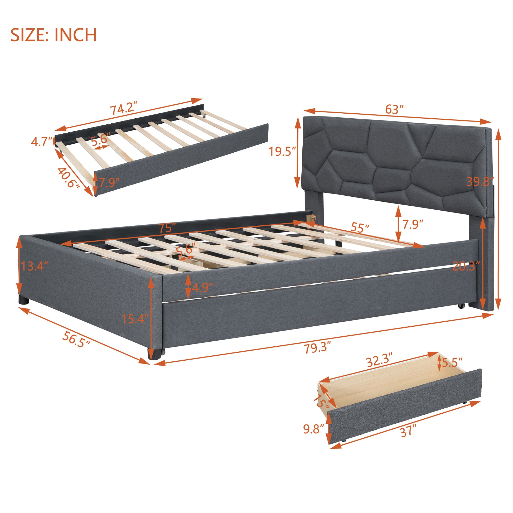 Full Size Upholstered Platform Bed With Brick Pattern Headboard, With Twin Size Trundle And 2 Drawers, Linen Fabric, Gray Gray Linen
