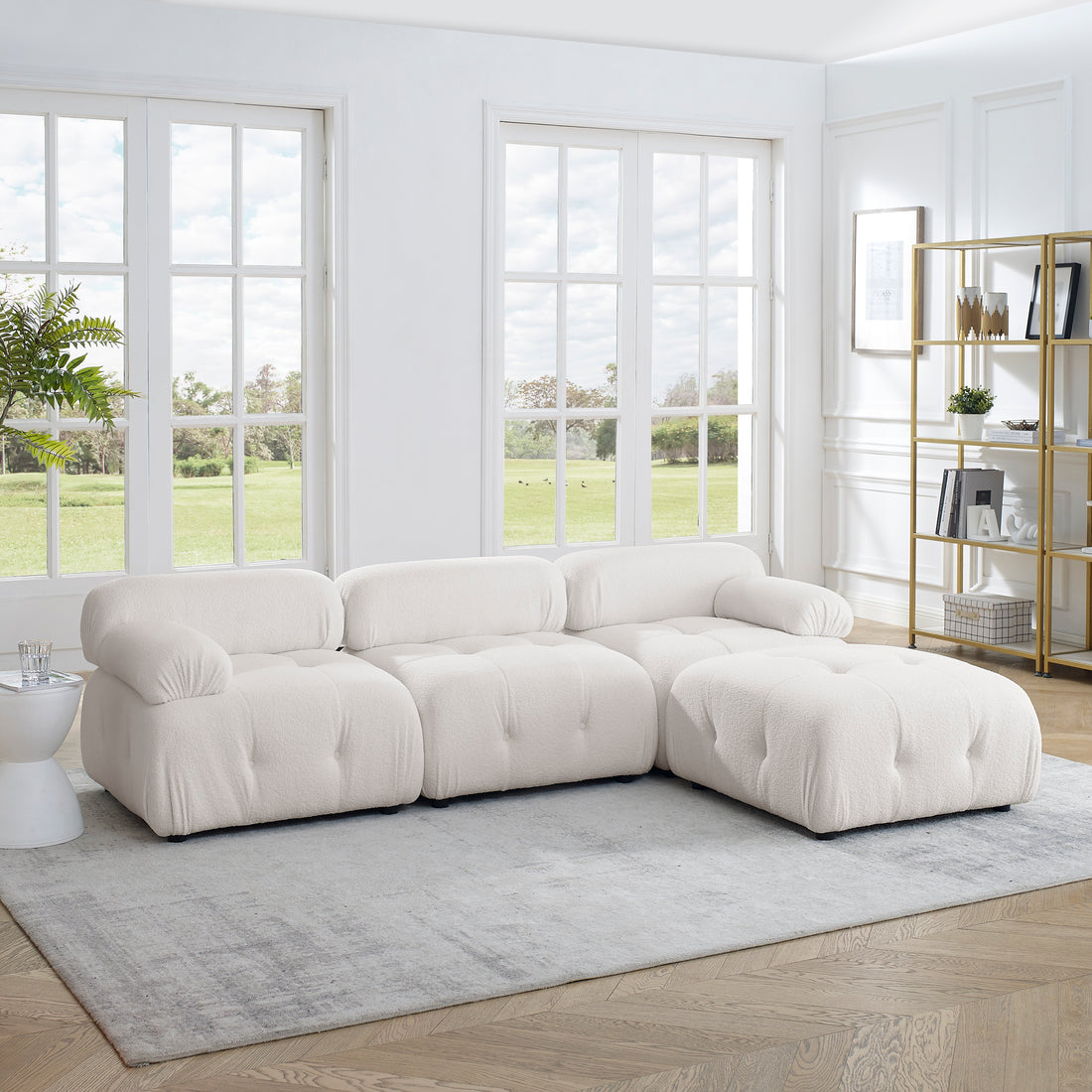 Modular Sectional Sofa, Button Tufted Designed And Diy Combination,L Shaped Couch With Reversible Ottoman, Ivory Teddy Fabric Ivory Polyester Wood Soft Tight Back Eucalyptus Pillow Top Arms Foam Spring