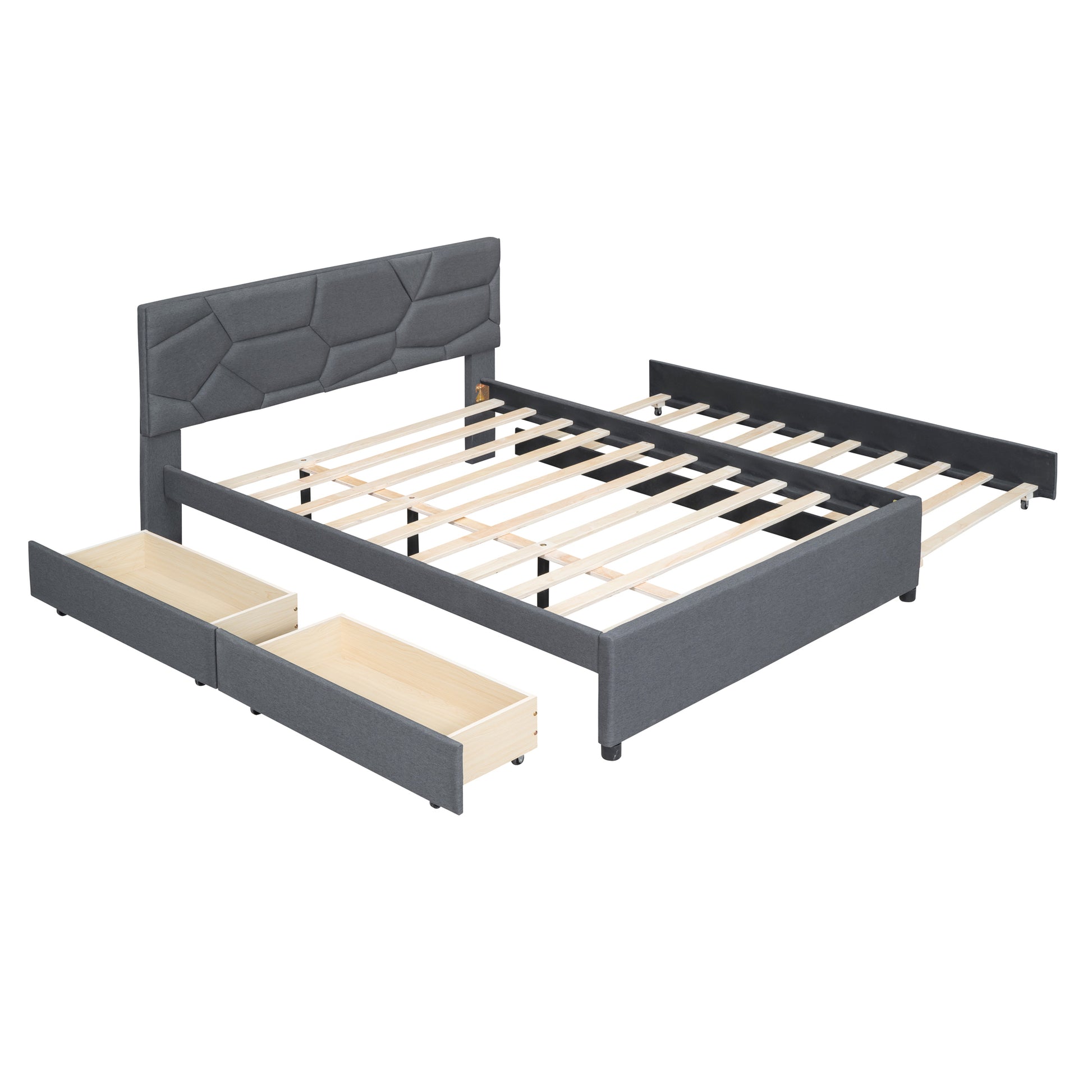 Queen Size Upholstered Platform Bed With Brick Pattern Headboard, With Twin Xl Size Trundle And 2 Drawers, Linen Fabric, Gray Gray Linen