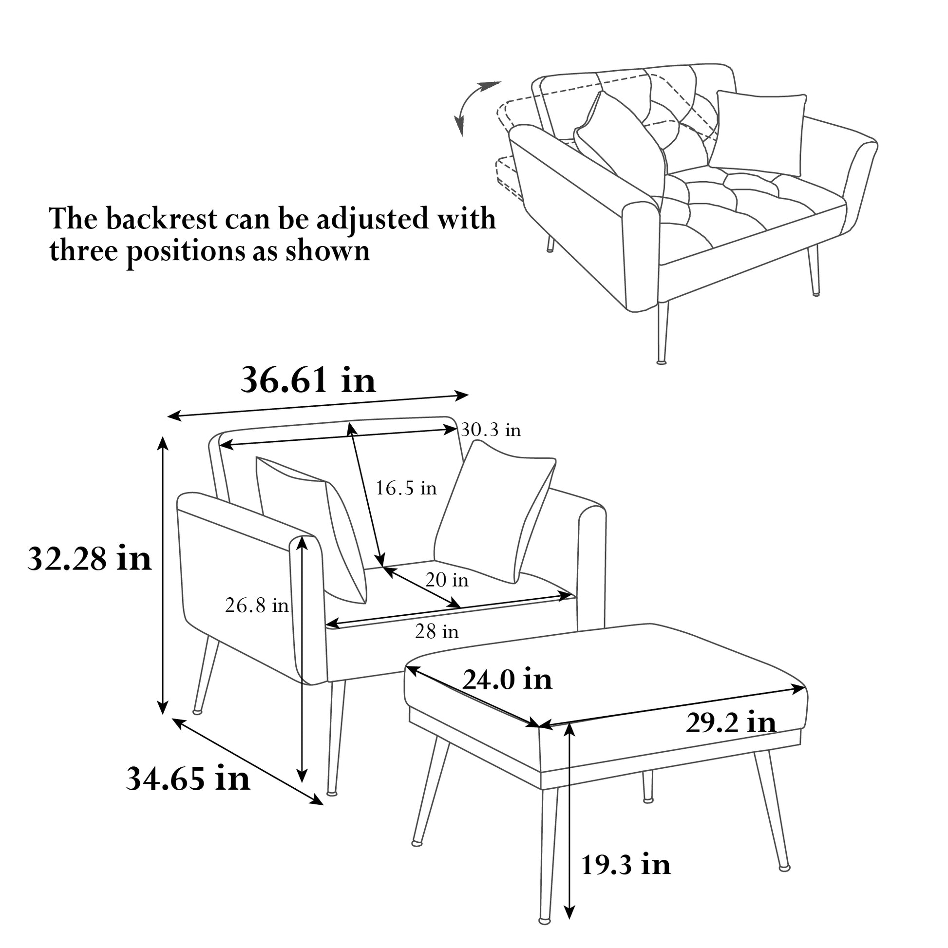 36.61'' Wide Modern Accent Chair With 3 Positions Adjustable Backrest, Tufted Chaise Lounge Chair, Single Recliner Armchair With Ottoman And Gold Legs For Living Room, Bedroom Black Black Foam Velvet