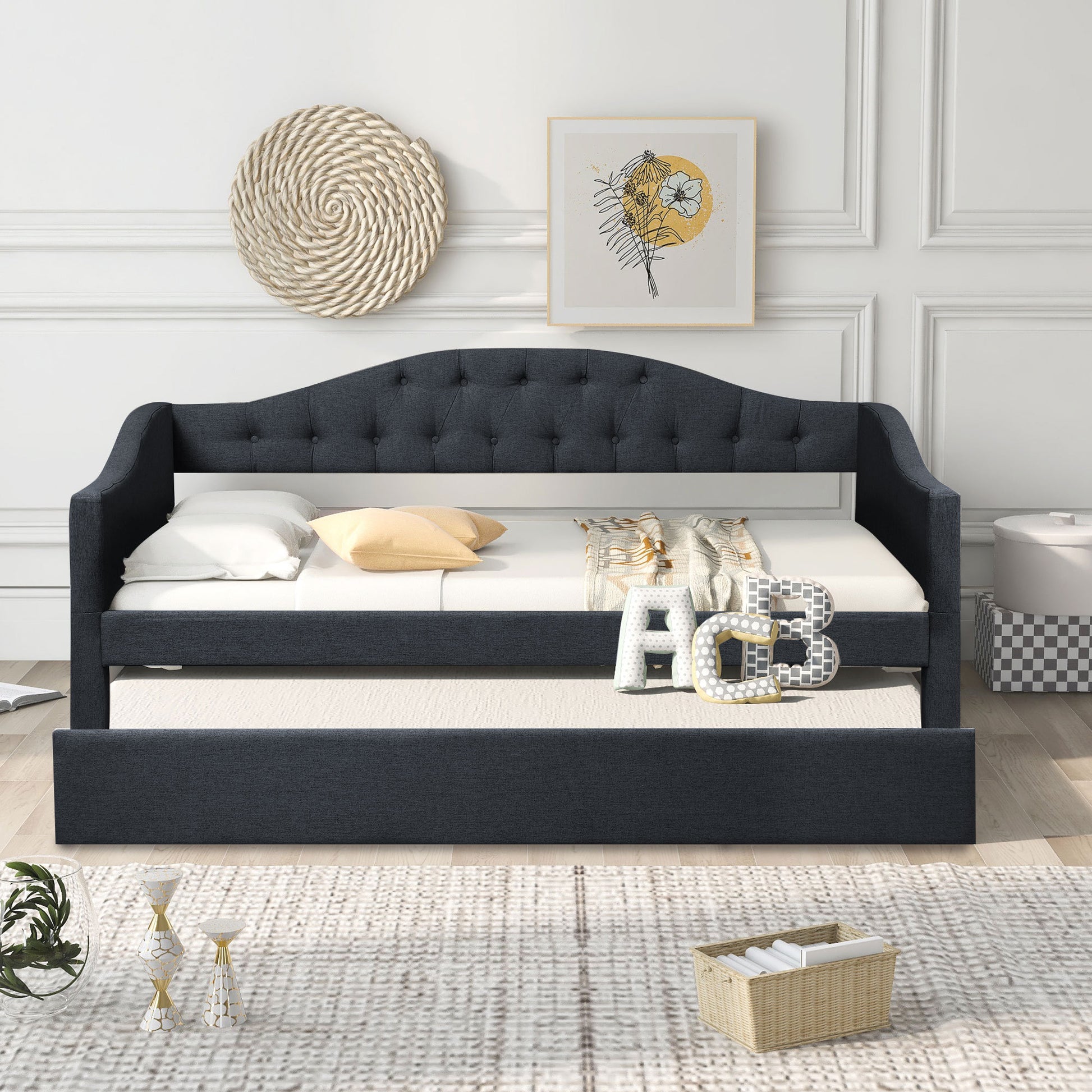 Upholstered Twin Size Daybed With Trundle, Dark Gray Twin Gray Upholstered