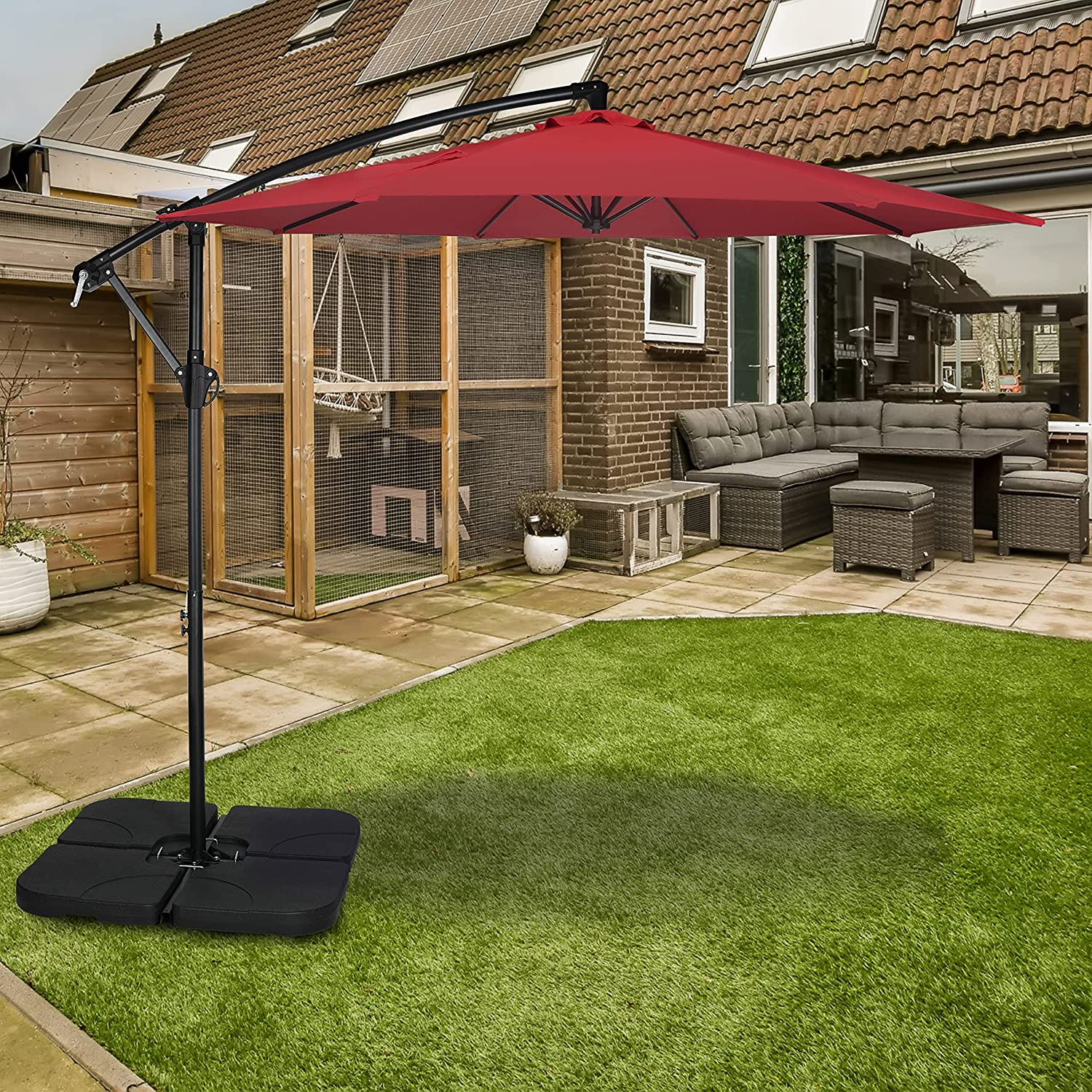 10Ft Offset Umbrella Cantilever Patio Hanging Umbrella Outdoor Market Umbrella With Crank & Cross Base Suitable For Garden, Lawn, Backyard And Deck, Red Red Stainless Steel