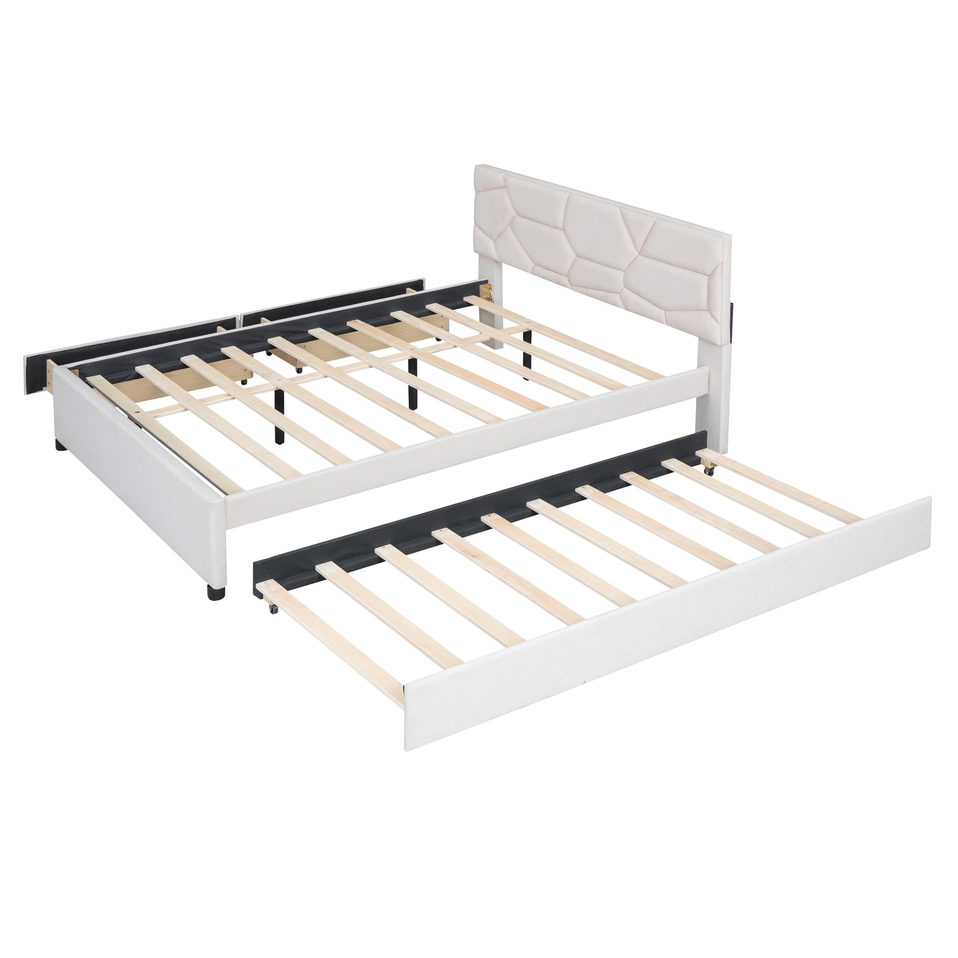Queen Size Upholstered Platform Bed With Brick Pattern Headboard, With Twin Xl Size Trundle And 2 Drawers, Linen Fabric, Beige Beige Linen