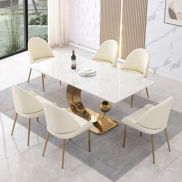 71 Inch Stone Diningtable With Carrara White Color And Round Special Shape Carbon Steel Pedestal Base With 6Pcs Chairs Beige Dining Room Square Kitchen & Dining Tables Glossy Sintered Stone