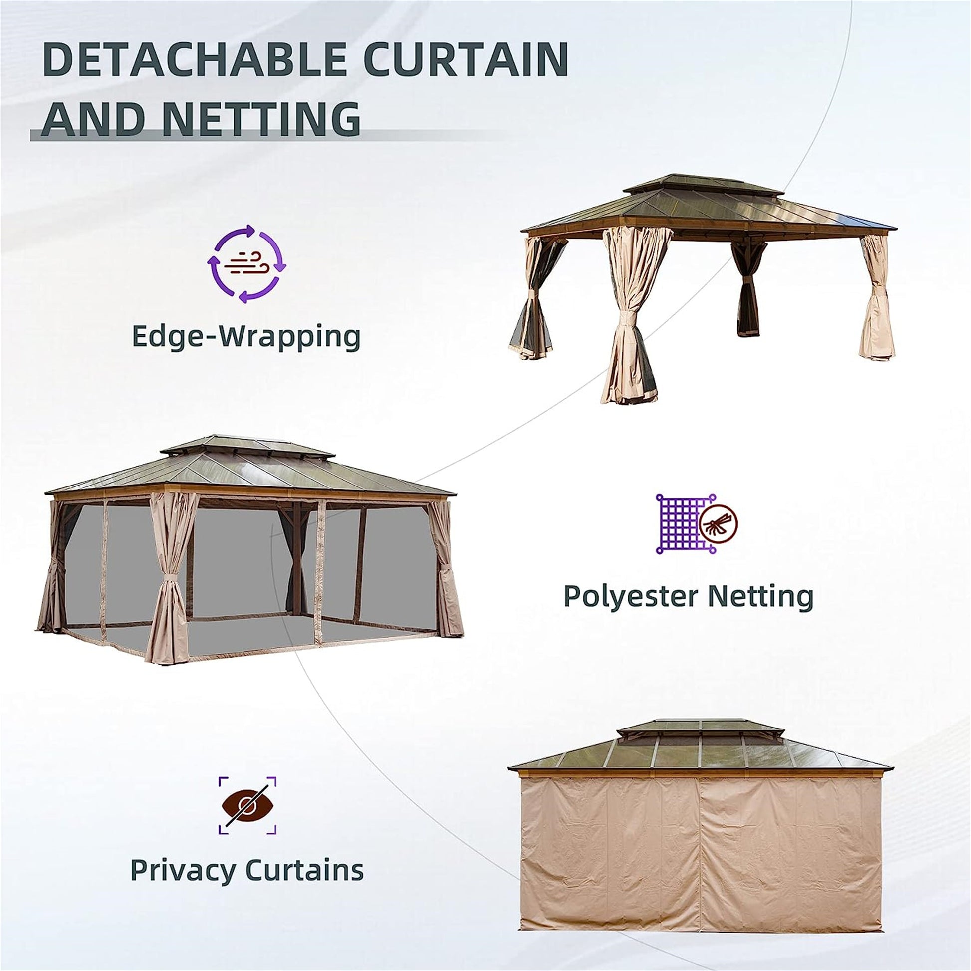 12X16Ft Hardtop Gazebo, Permanent Outdoor Gazebo With Polycarbonate Double Roof, Aluminum Gazebo Pavilion With Curtain And Net For Garden, Patio, Lawns, Deck, Backyard Wood Looking Yellow Brown Metal