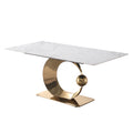 71 Inch Stone Diningtable With Carrara White Color And Round Special Shape Stainless Steel Gold Pedestal Base Gold Dining Room Modern Square Glossy Sintered Stone