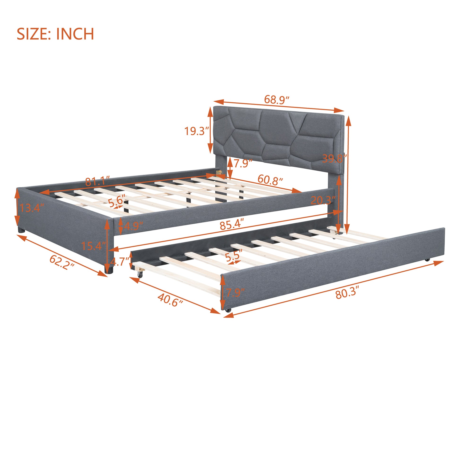 Queen Size Upholstered Platform Bed With Brick Pattern Headboard And Twin Xl Size Trundle, Linen Fabric, Gray Gray Linen