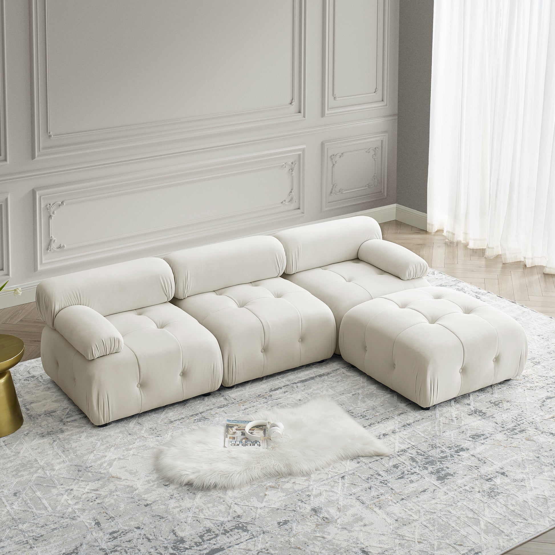 Modular Sectional Sofa, Button Tufted Designed And Diy Combination,L Shaped Couch With Reversible Ottoman, Beige Velvet Beige Velvet Wood Soft Tight Back Eucalyptus Pillow Top Arms Foam Spring