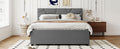 Queen Size Upholstered Platform Bed With Brick Pattern Headboard, With Twin Xl Size Trundle And 2 Drawers, Linen Fabric, Gray Gray Linen