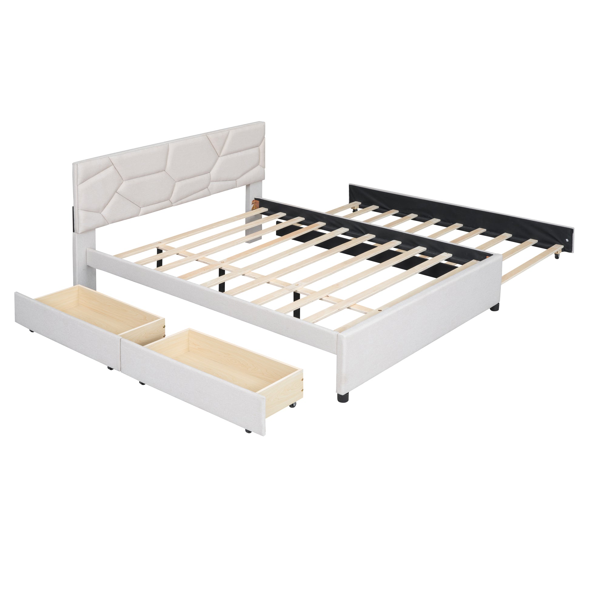 Queen Size Upholstered Platform Bed With Brick Pattern Headboard, With Twin Xl Size Trundle And 2 Drawers, Linen Fabric, Beige Beige Linen