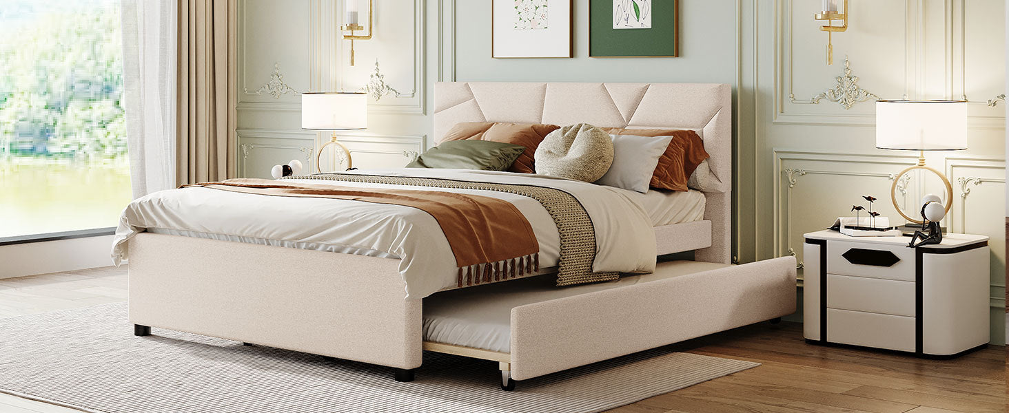 Queen Size Upholstered Platform Bed With Brick Pattern Headboard And Twin Xl Size Trundle, Linen Fabric, Beige Beige Linen