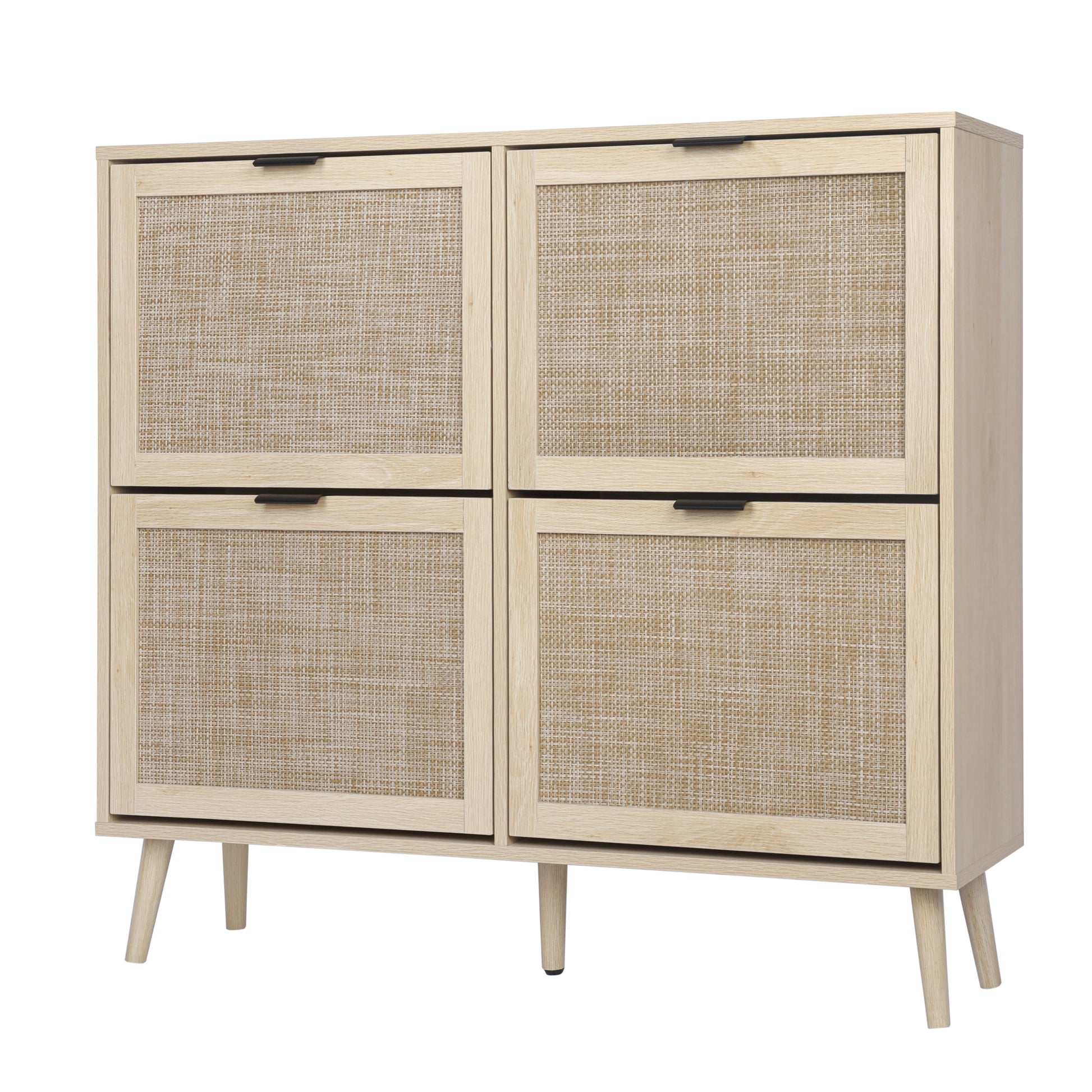 Natural Rattan 4 Door Shoe Rack, Freestanding Modern Shoe Storage Cabinet, For Entryway Natural Particle Board